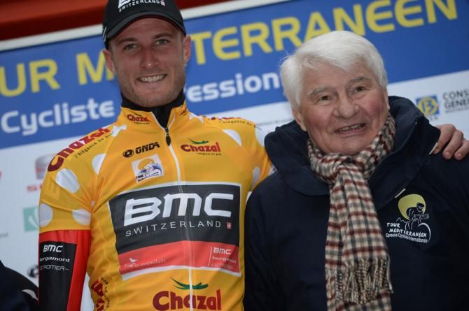 2014 Tour M&eacute;diterran&eacute;en champion Stephen Cummings (BMC) on the podium with legendary former pro Raymond Poulidor