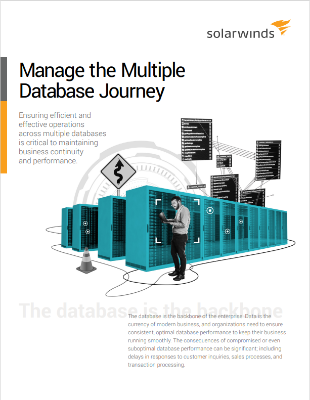 Whitepaper cover with image of man stood in front of multiple turquoise servers with wires running along the floor