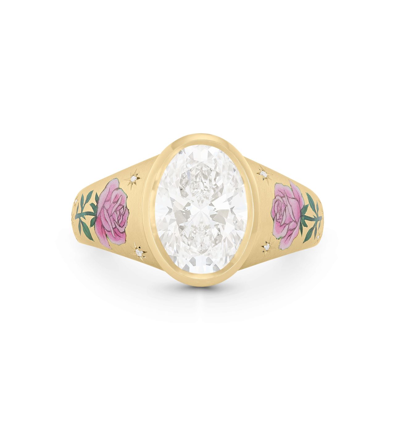Gold jewellery featuring illustrations of blue and pink flowers