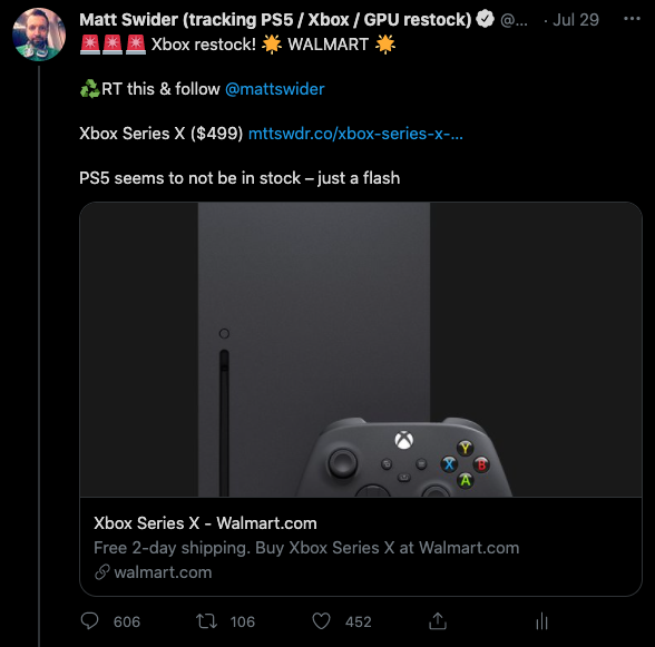 Xbox Series X restock screen shot from Twitter with text by Matt Swider