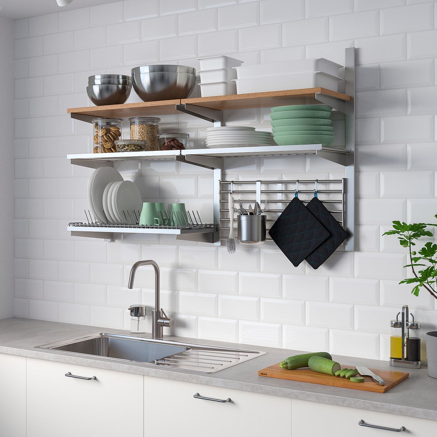 Kungsfors Wall Grid With Storage - Stainless Steel/ash