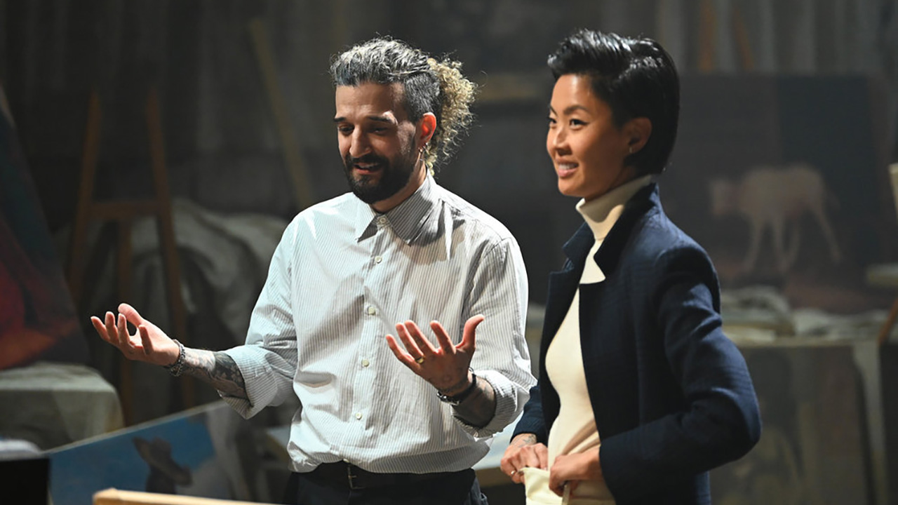 Mark Ballas and Kristen Kish compete together during a painting challenge in The US Traitors Season 4.