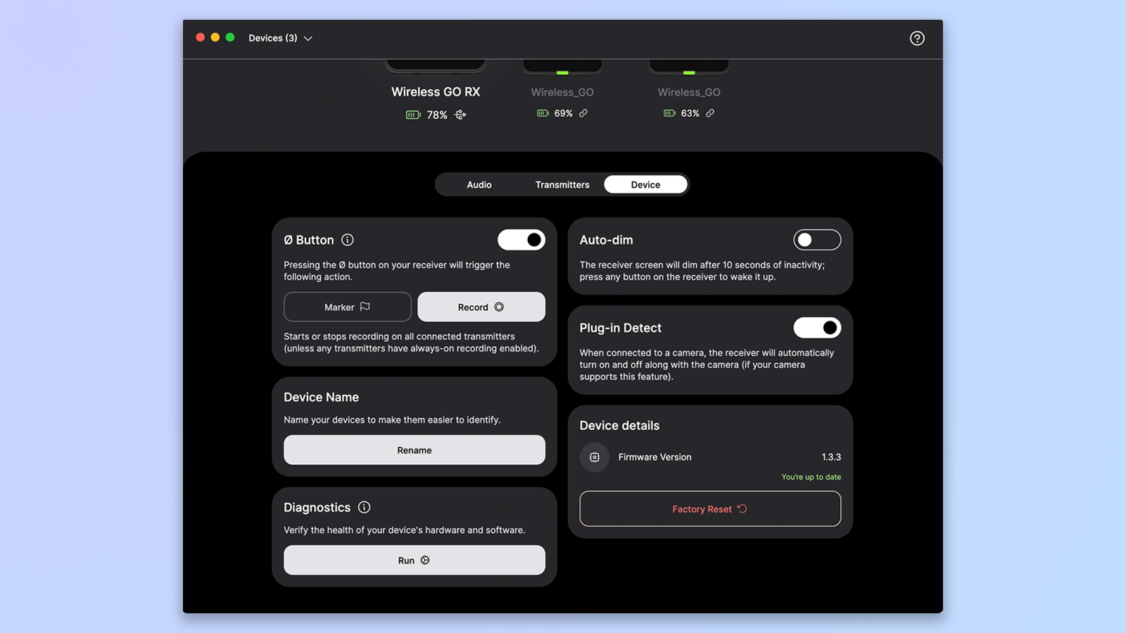 a screenshot from the rode central app showing customization in the rode wireless go gen 3
