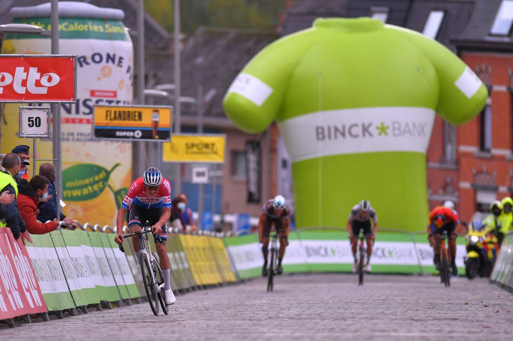 GERAARDSBERGEN BELGIUM OCTOBER 03 Arrival Mathieu Van Der Poel of The Netherlands and Team AlpecinFenix Oliver Naesen of Belgium and Team Ag2R La Mondiale Sonny Colbrelli of Italy and Team Bahrain Mclaren Soren Kragh Andersen of Denmark and Team Sunweb during the 16th BinckBank Tour 2020 Stage 5 a 1836km stage from Ottignies Louvain la Neuve to Muur van Geraardsbergen 108m BinckBankTour BinckBankTour on October 03 2020 in Geraardsbergen Belgium Photo by Luc ClaessenGetty Images