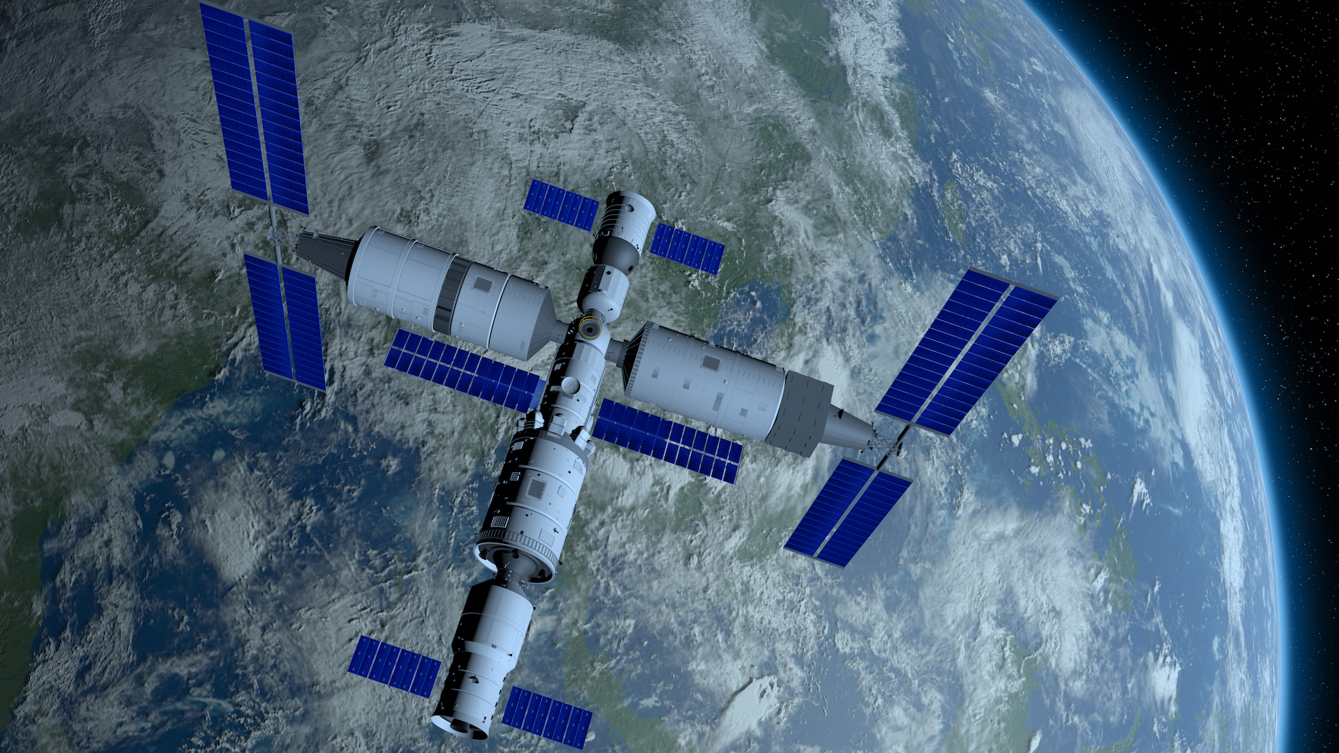 a T-shaped space station in orbit above Earth