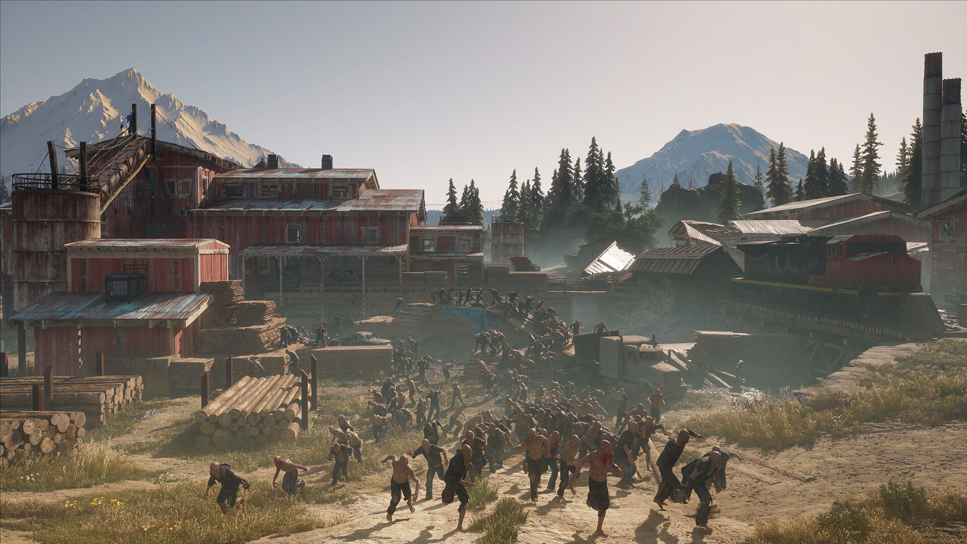 A horde of zombies running out of a lumber yard in Days Gone Remastered