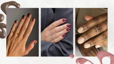 A collage of 'September' nails: on the left is a close-up of a hand with chocolate brown nails, followed by a hand with an almond burgundy manicure, both created by Mateja Novakovic (@matejanova), and on the right, is a picture of a hand with a cream manicure by nail artist Julia Diogo (@paintedbyjools)/ in a white and grey template with brown and mauve-y nail polish spills.