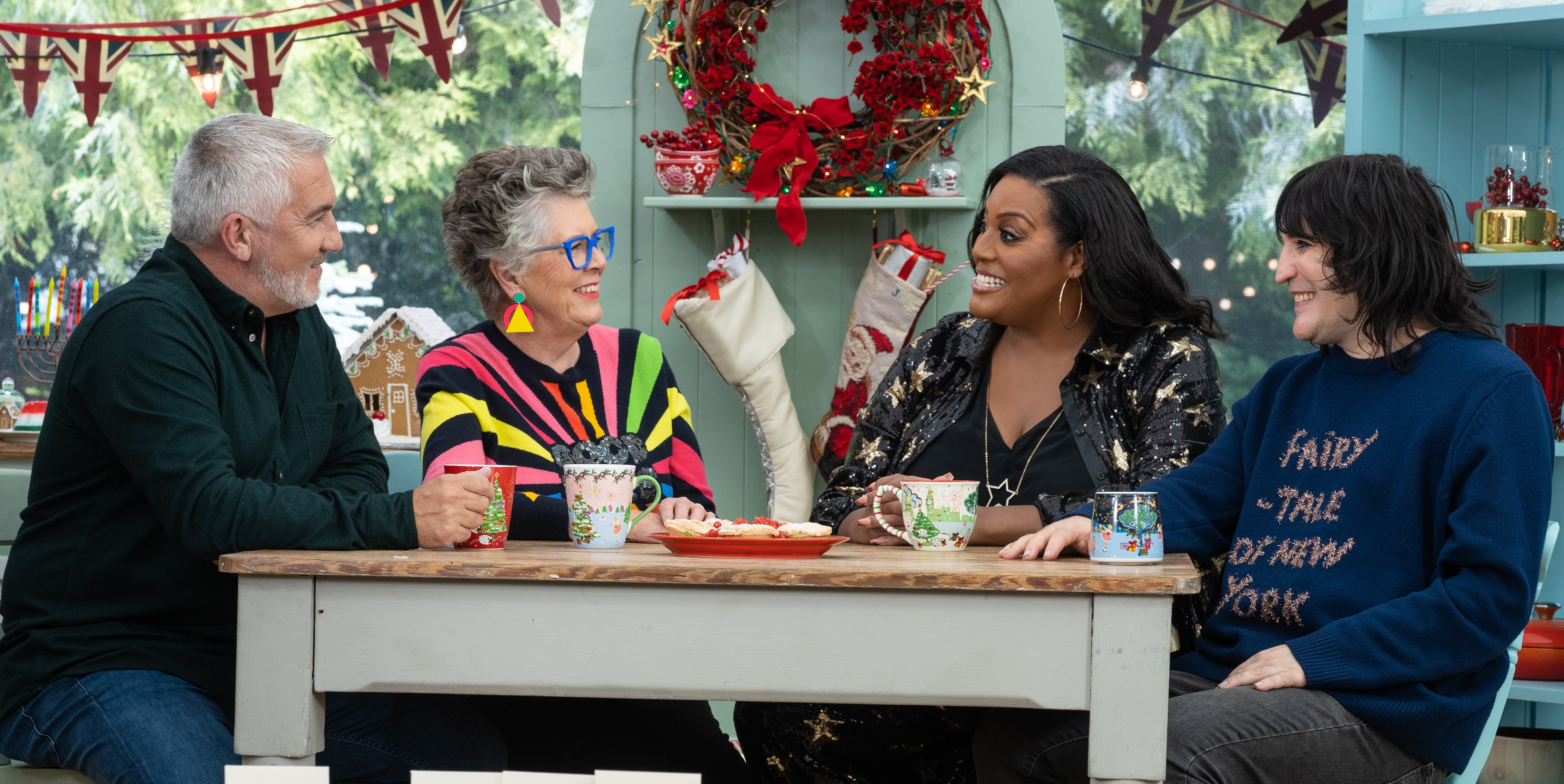 Paul Hollywood, Prue Leith, Alison Hammond, and Noel Fielding in &#039;The Great British Baking Show: Holidays.&#039;