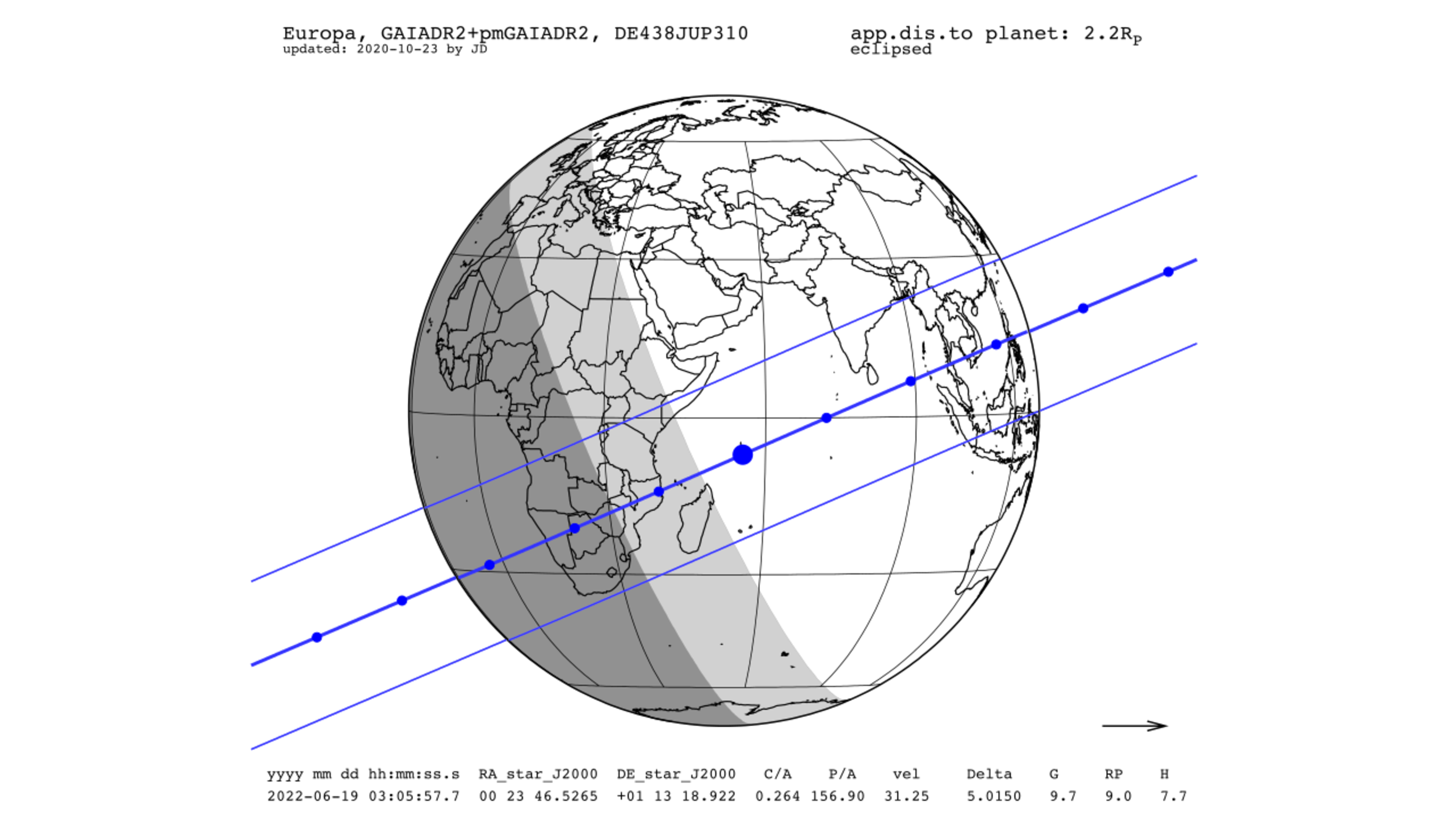 The occultation by Europa will be visible from several southern African countries, with the center line passing through Namibia, Botswana and Zimbabwe. Farther east, in Mozambique, the predawn sky will be too bright to see it.