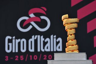 PIANCAVALLO ITALY OCTOBER 18 Start Trofeo Senza Fine Trophy Detail view Team Presentation during the 103rd Giro dItalia 2020 Stage 15 a 185km stage from Base Aerea Rivolto Frecce Tricolori to Piancavallo 1290m girodiitalia Giro on October 18 2020 in Piancavallo Italy Photo by Stuart FranklinGetty Images