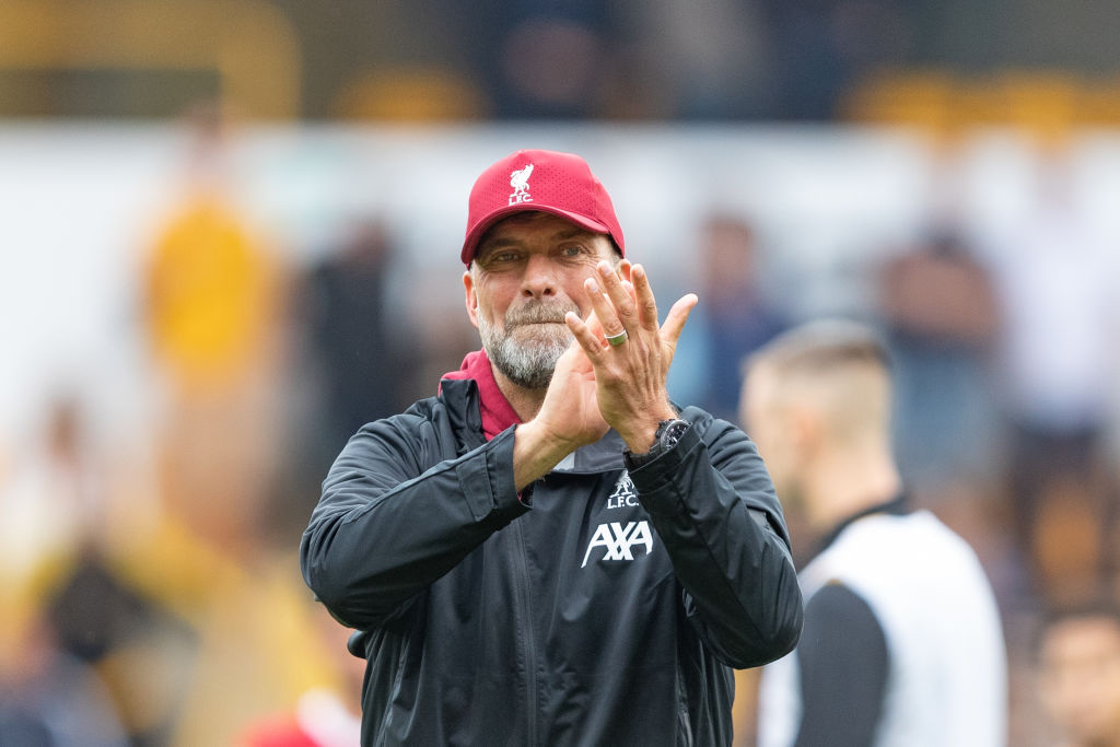 Sports Jurgen Klopp, manager of Liverpool applauds the followers after the Premier League match between Wolverhampton Wanderers and Liverpool at Molineux, Wolverhampton on Saturday 16th September 2023. (Photo by Gustavo Pantano/MI Records/NurPhoto by Getty Photos)