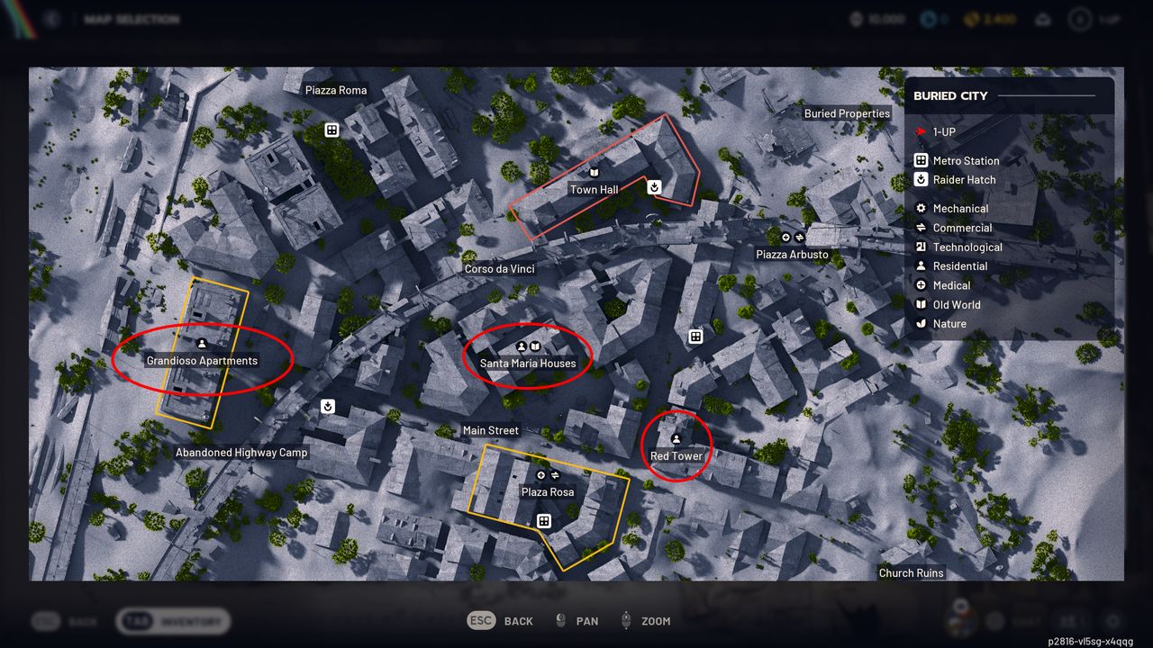 Arc Raiders Dog Collar locations: A map of Buried City with three red circles/ovals marking areas that have a higher chance to drop Dog Collars.