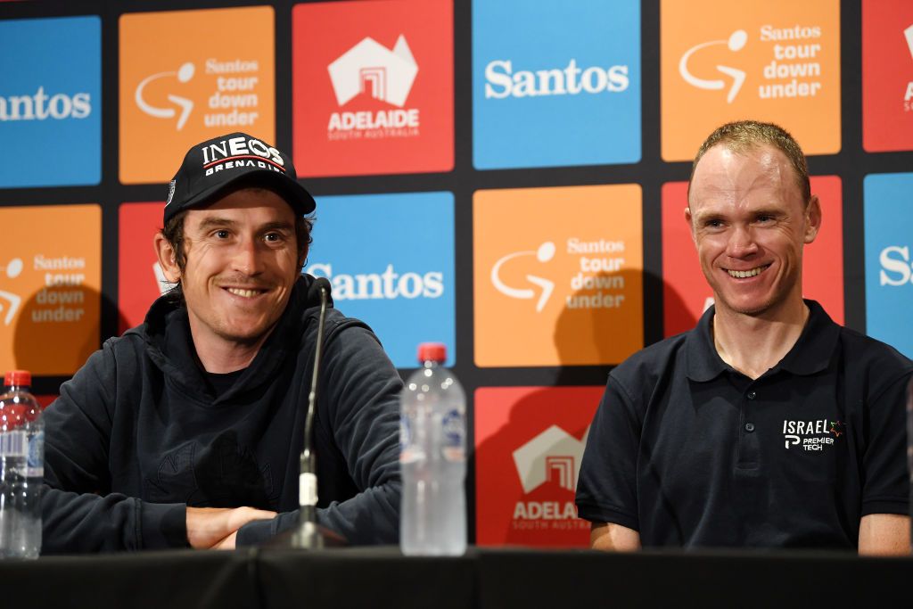 Chris Froome (Israel-Premier Tech) with his former Ineos Grenadiers teammate Geraint Thomas at a press conference ahead of the 2023 Tour Down Under