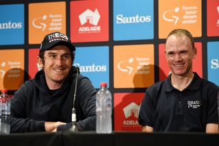 Chris Froome (Israel-Premier Tech) with his former Ineos Grenadiers teammate Geraint Thomas at a press conference ahead of the 2023 Tour Down Under