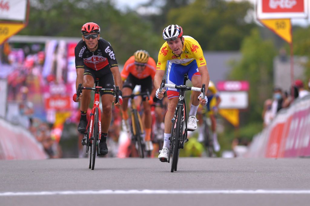 EREZEE BELGIUM AUGUST 19 Arrival Philippe Gilbert of Belgium and Team Lotto Soudal Arnaud Demare of France and Team Groupama FDJ Yellow Leader Jersey Celebration during the 41st Tour de Wallonie 2020 Stage 4 a 1994km stage from Blegny to Ereze 334m TourdeWallonie TRW2020 on August 19 2020 in Erezee Belgium Photo by Luc ClaessenGetty Images