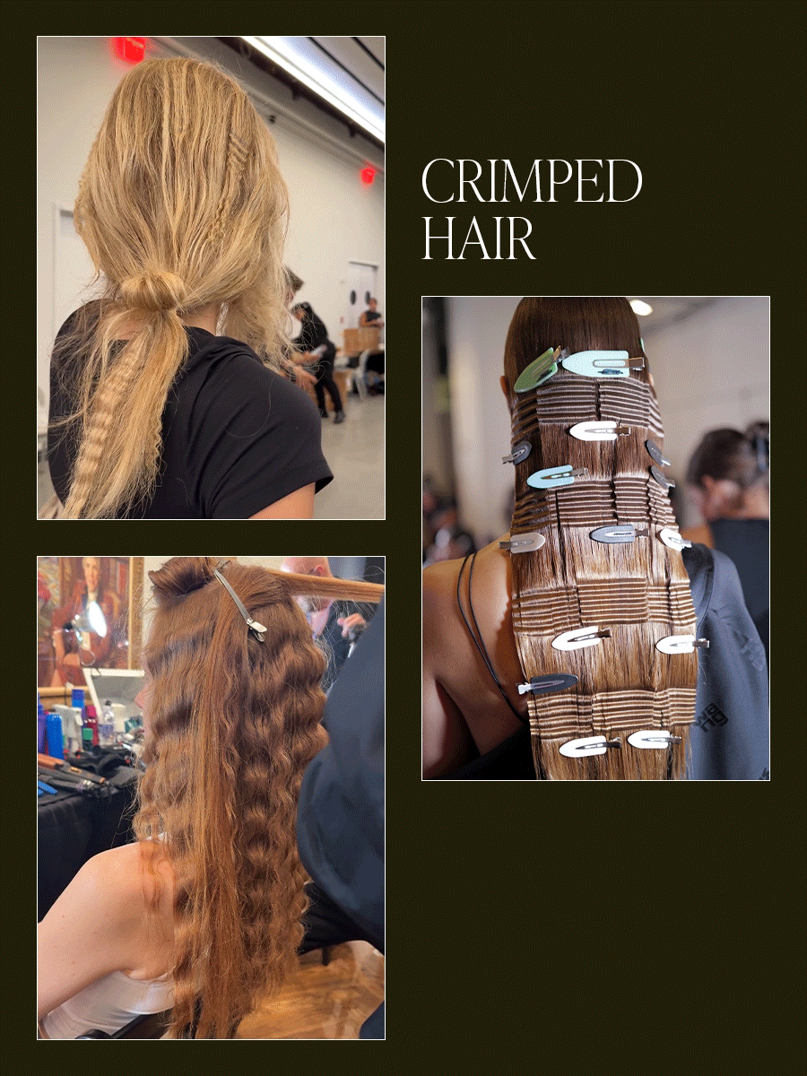 Collage of crimped hair NYFW beauty trend.