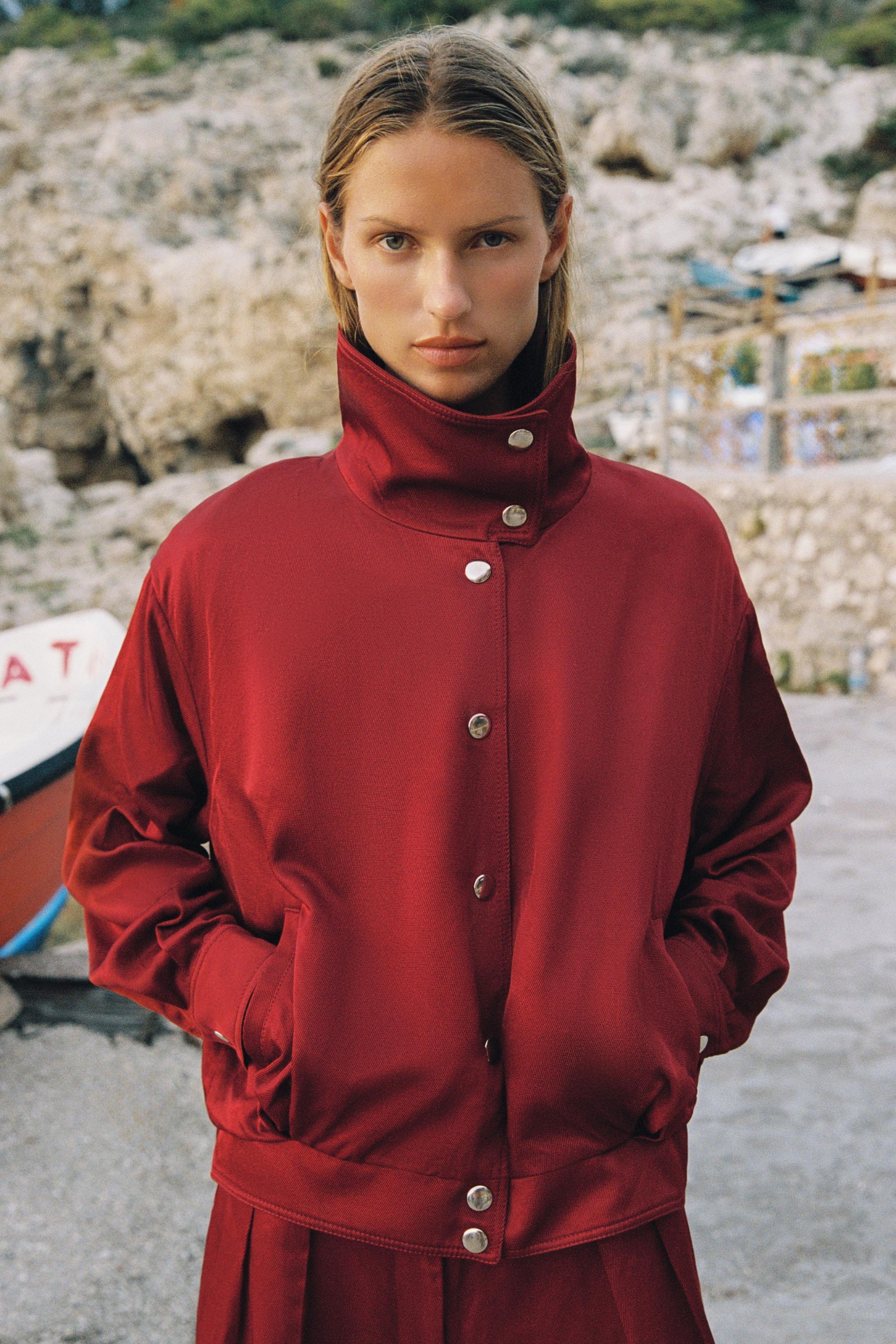 Stand-Up Collar Bomber Jacket - Burgundy - Xs