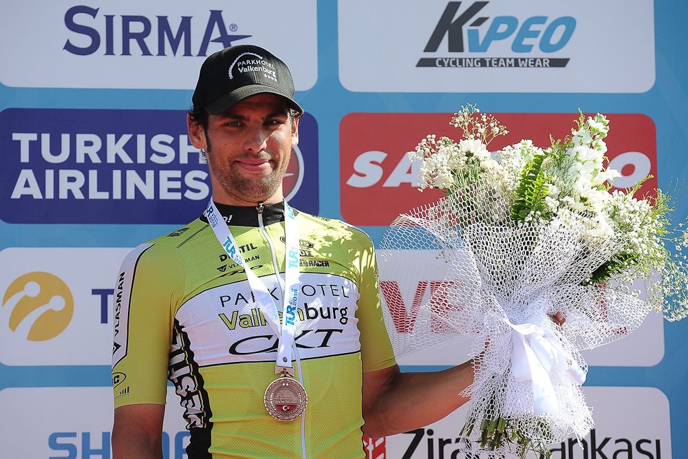 Marco Zanotti of Parkhotel Valkenburg celebrates on the podium after taking third position in the Stage 4 of the 2016 Tour of Turkey