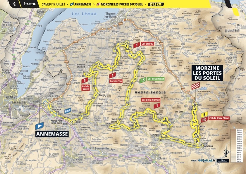 Map of stage 14 of the 2023 Tour de France