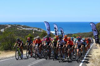 The peloton makes its way uphill