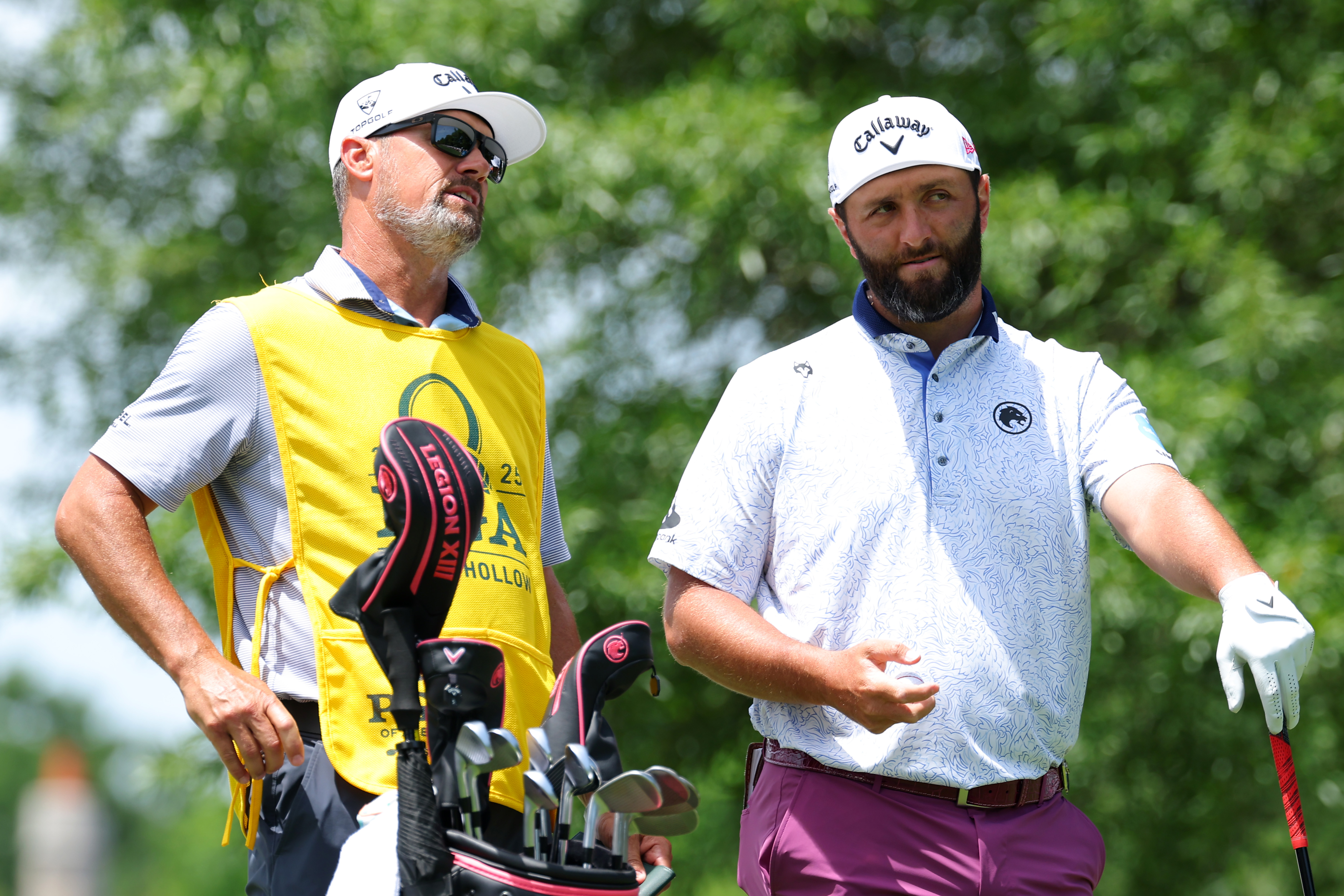 Jon Rahm chats to his caddie at the PGA Championship