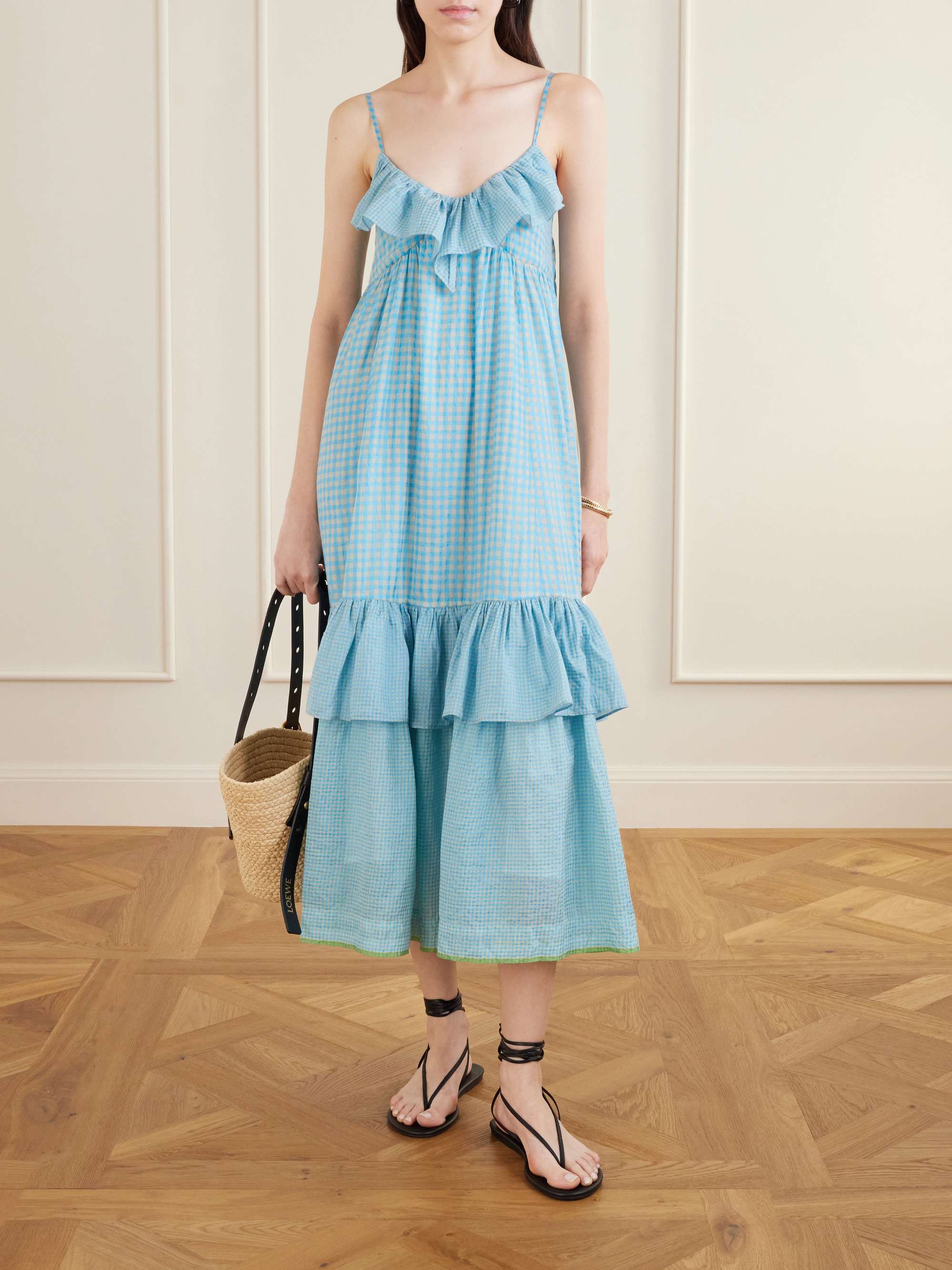 Teek Ruffled Tiered Checkered Cotton Silk Dress