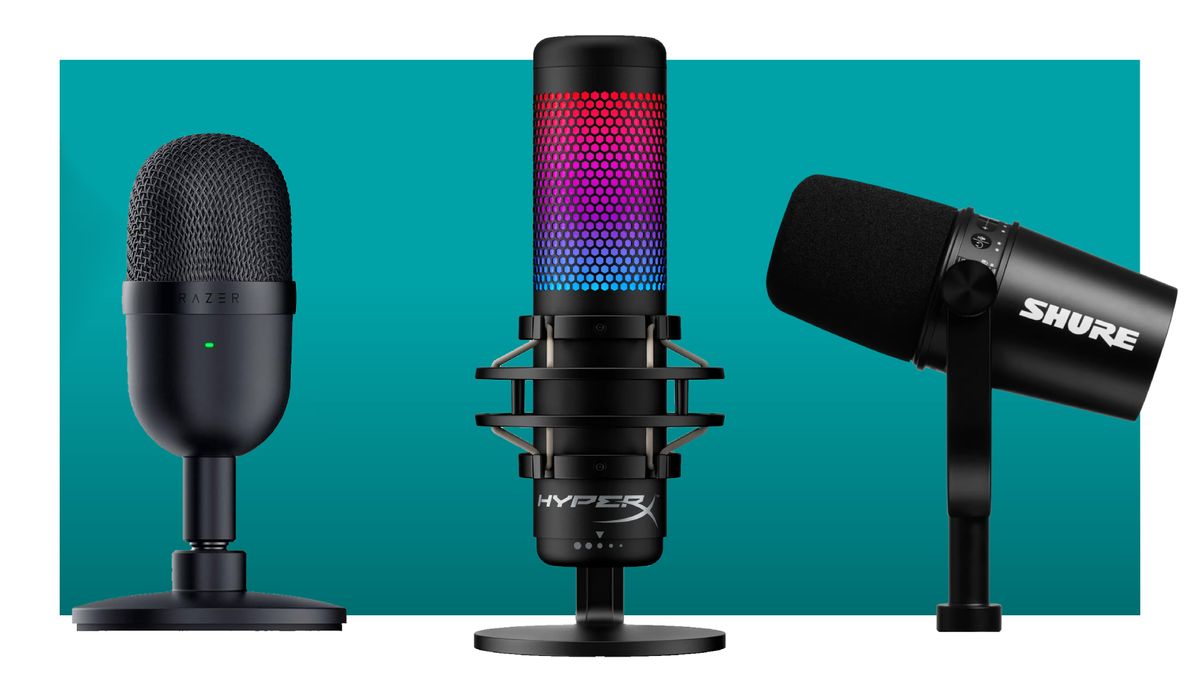 The Razer Seiren Mini, HyperX Quadcast S and the Shure MV7 microphones, on a blue green deals background