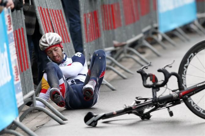 Not the way you want to finish your day - an errant breeze caused Handzame Classic winner Kenny Dehaes to lose control and crash after crossing the finish line.