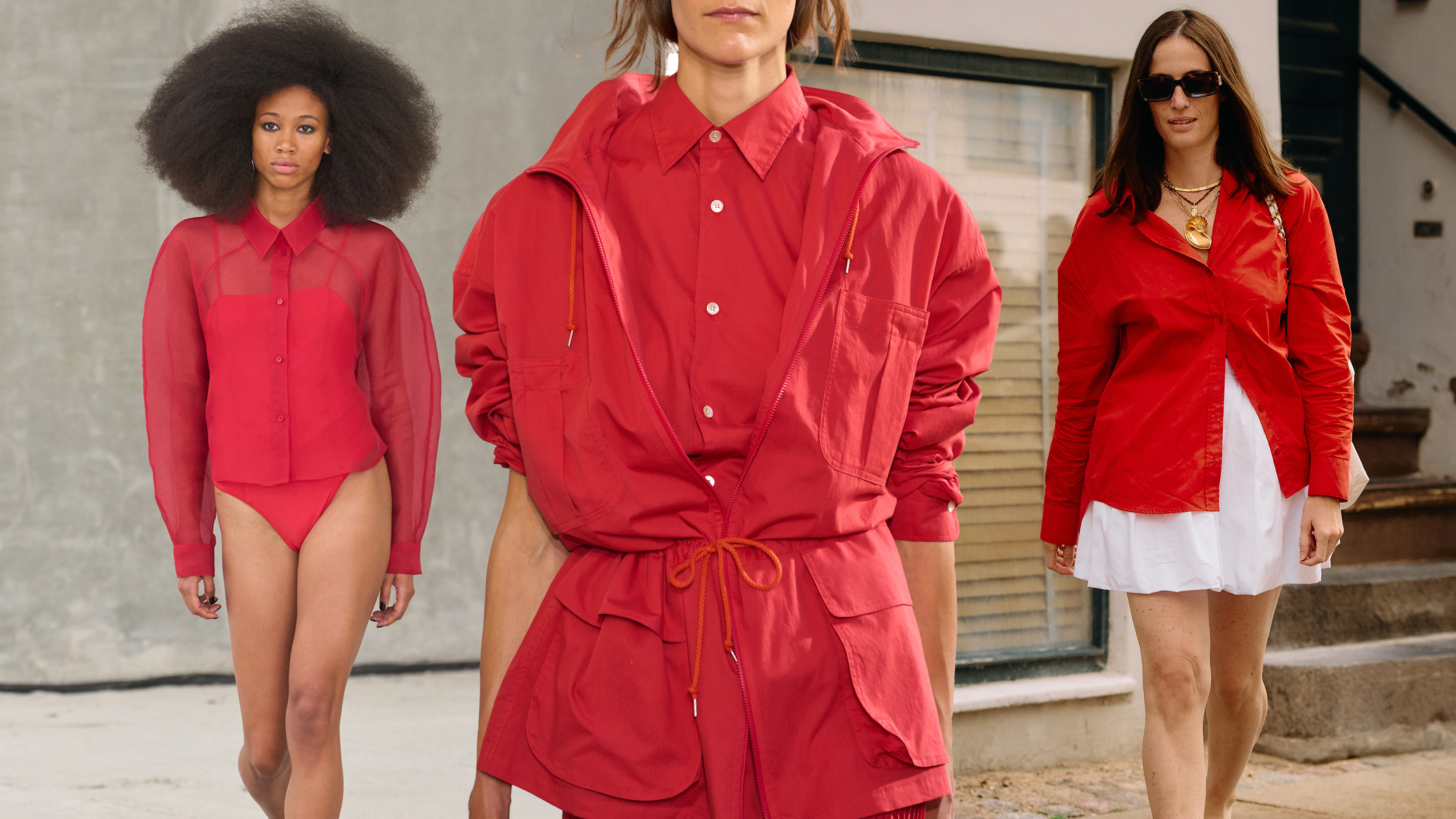 A collage of women wearing red button-down shirts.