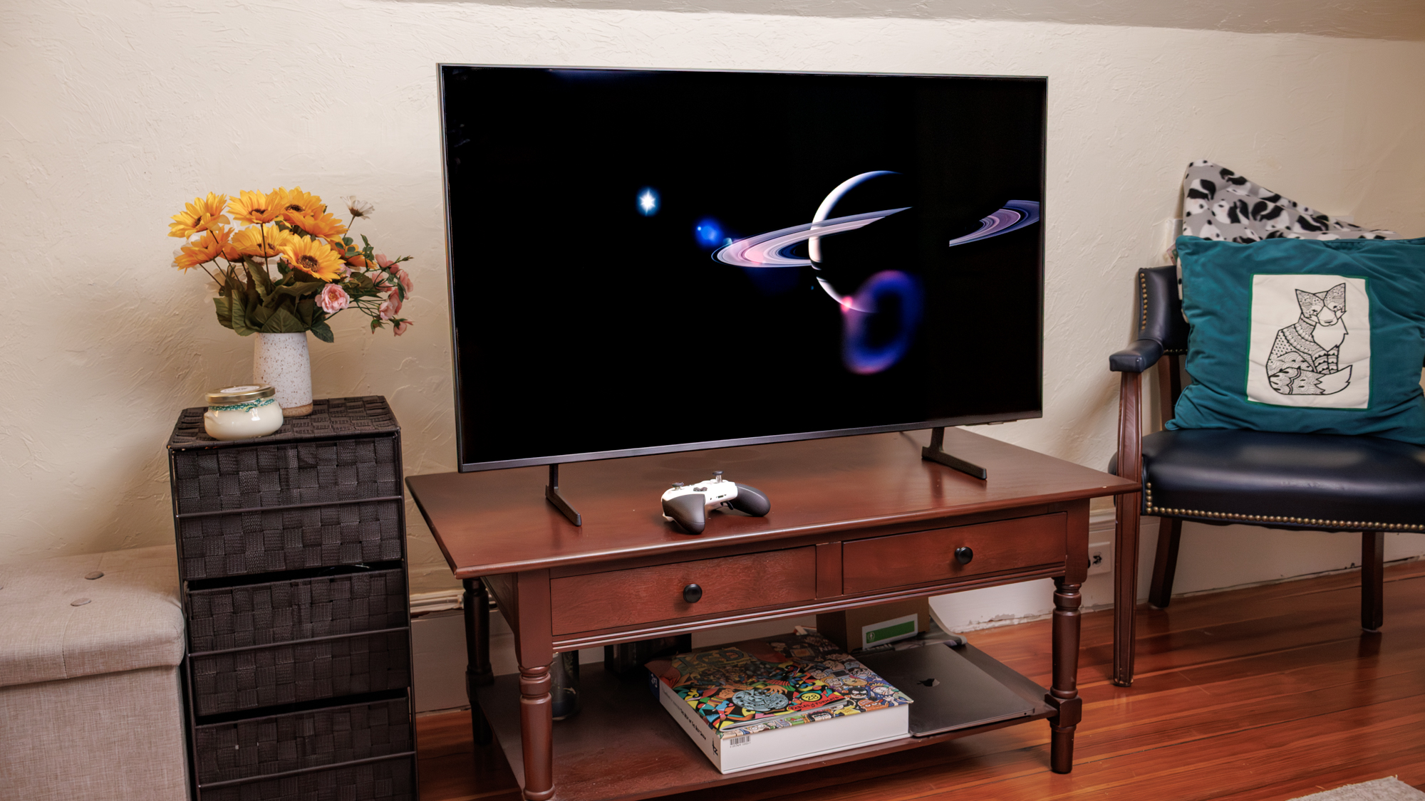 Samsung Q7F QLED TV on a side table