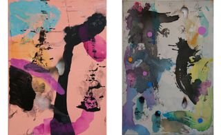 Two side-by-side photos of Caterina Silva’s multicoloured paintings. The first photo is of Persona, 2015 and the second photo is of Untitled, 2015