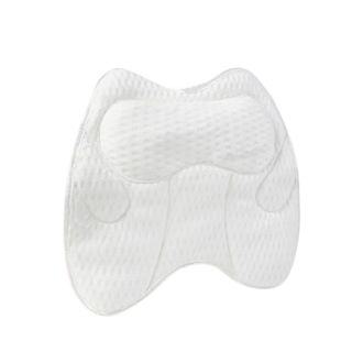An M-shaped white bath pillow made from a mesh material