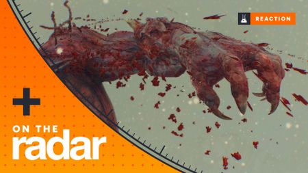 Dying Light: the beast screenshot of a mutated infected's claw and arm spraying blood, with an orange On The Radar overlay