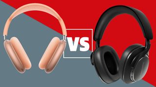 A composite image showing a pink pair of Apple AirPods Max (left) and a black pair of B&W Px7 S3 headphones. There is white 'vs' text in between them and the background is divided diagonally into blue and red halves.