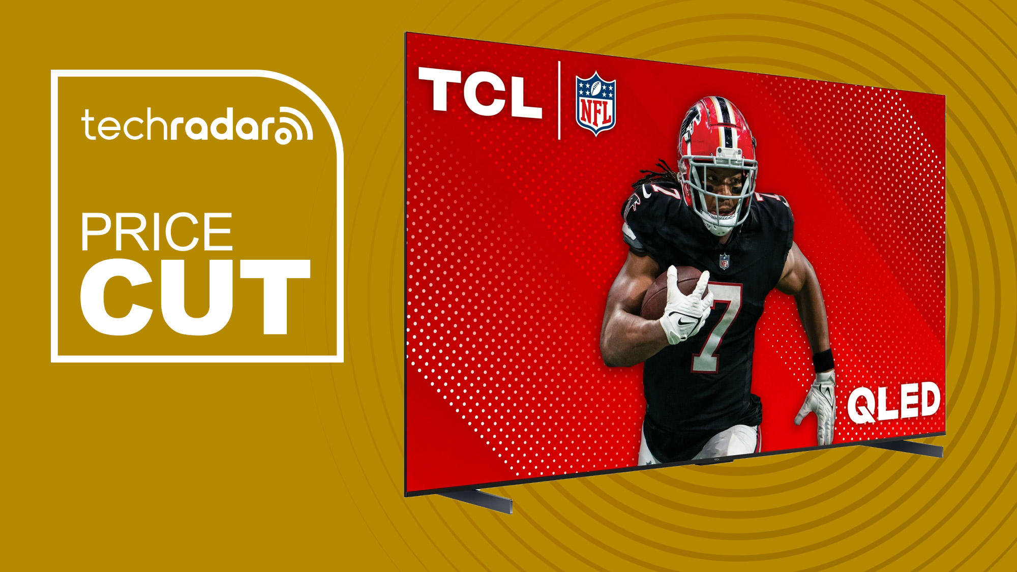 TCL 98&amp;rdquo; Class Q6 (98Q651G) on a yellow background next to text &#039;Price Cut&#039;