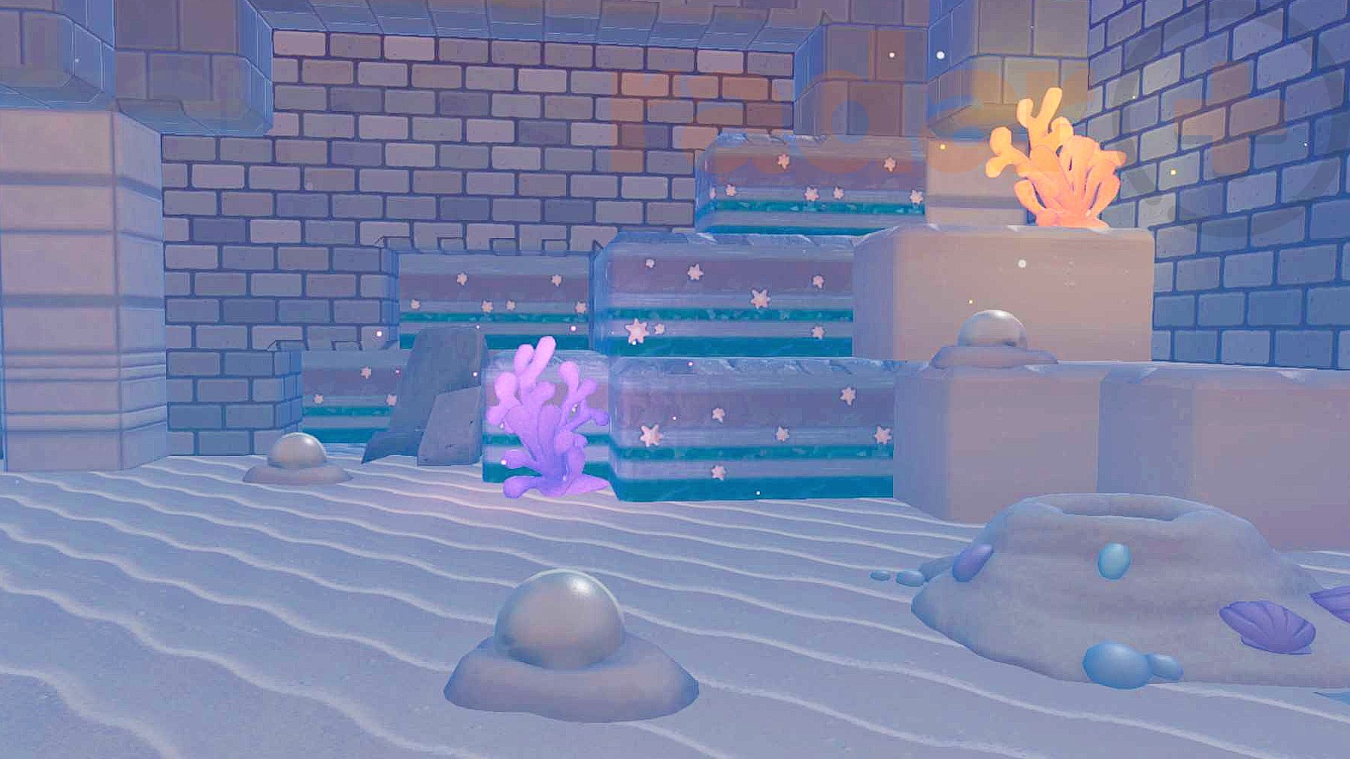 Three Pokopia Grubby Pearls sit on the ground in a Bubbly Basin tunnel.