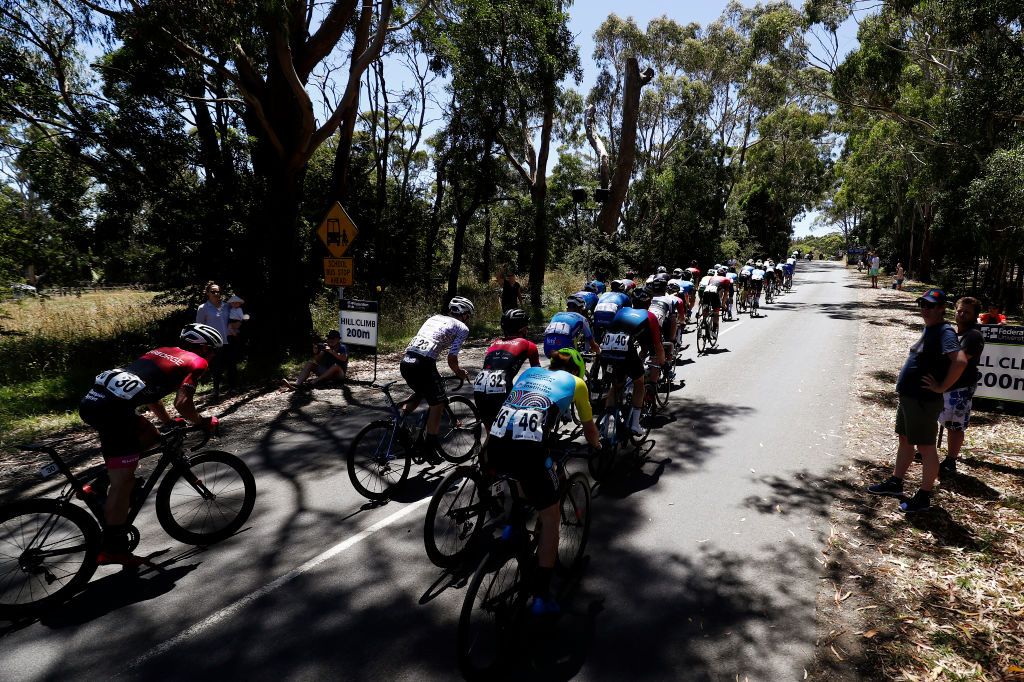 BUNINYONG AUSTRALIA JANUARY 16 A general view of the peloton competing during the Australian Cycling National Championships 2022 Mens Elite Road Race a 1856km race from Buninyong to Buninyong AusCyclingAus on January 16 2022 in Buninyong Australia Photo by Con ChronisGetty Images