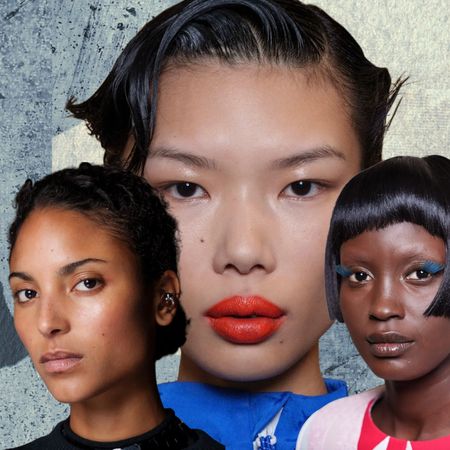 collage of three women with bold makeup on a blue paper background