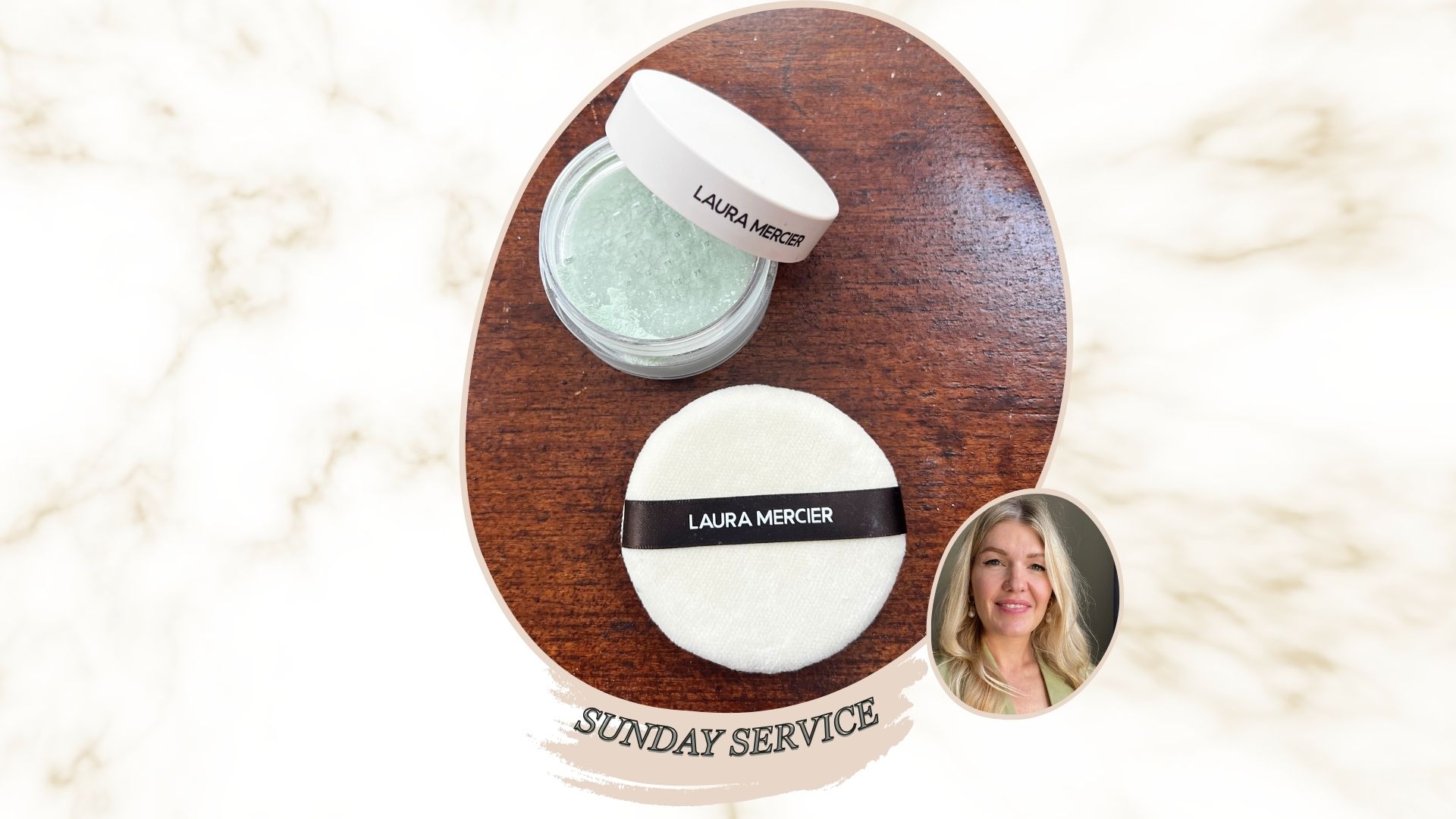 laura mercier setting powder in mint pictured on a wooden surface next to an image of beauty editor fiona mckim