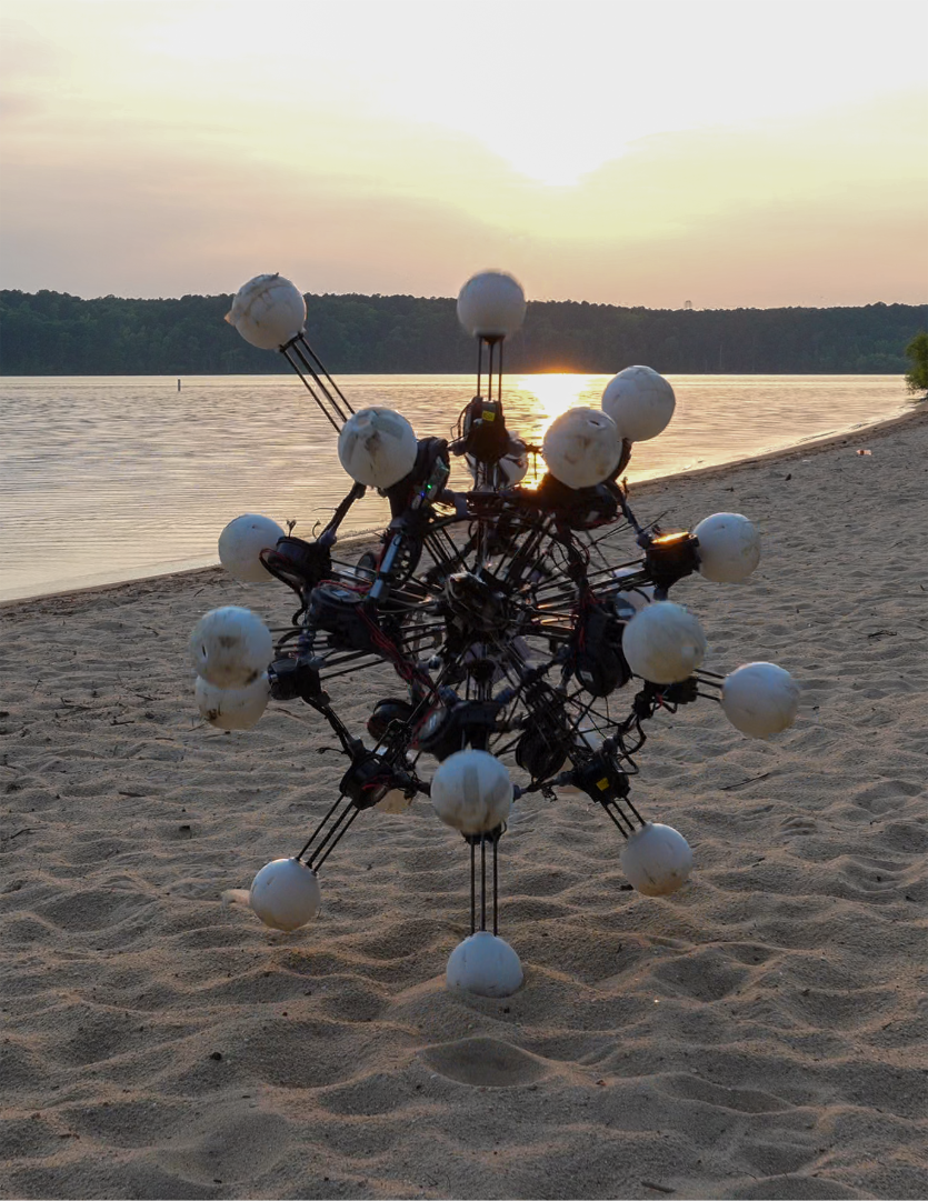 A robot with 20 legs rolls across a sandy beach at sunset.