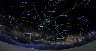 An illustration of the night sky on April 23, 2023 showing the radiant of the Lyrid meteor shower in the Lyra constellation.