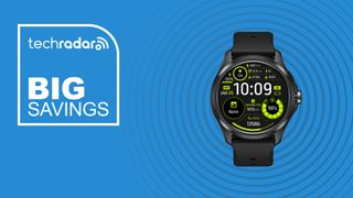 Mobvoi ticwatch 5 pro on a blue background with the text &quot;big savings&quot;