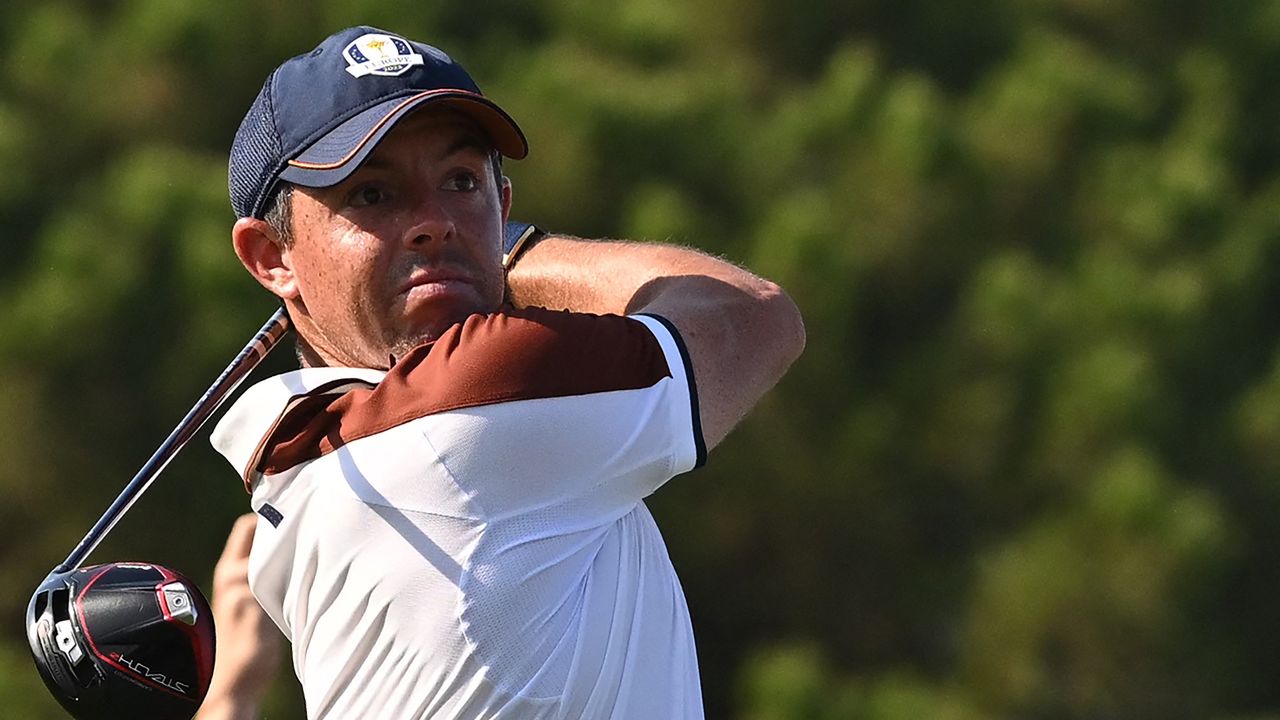 Rory McIlroy takes a shot in the Ryder Cup at Marco Simone