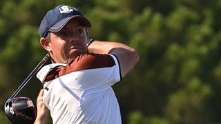 Rory McIlroy takes a shot in the Ryder Cup at Marco Simone