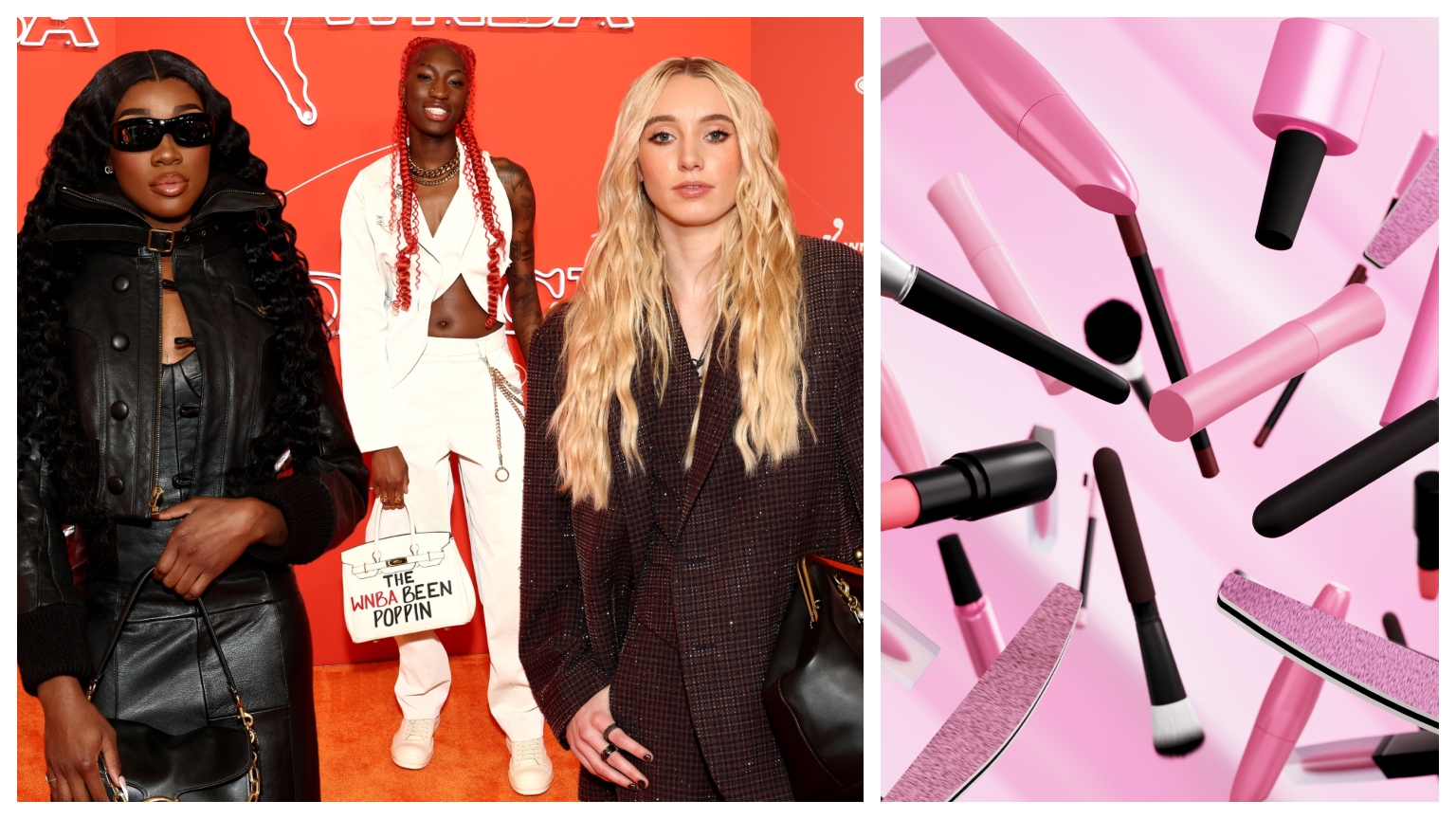 wnba players on orange red carpet and pink beauty products
