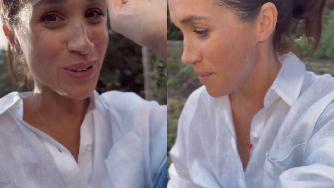 Two closeup photos of Meghan Markle wearing a white blouse sitting outside