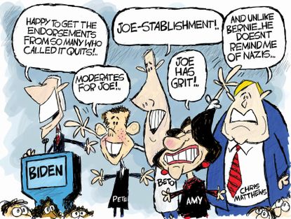 Political Cartoon U.S. Biden endorsement Klobuchar Buttigieg Chris Mathews moderates