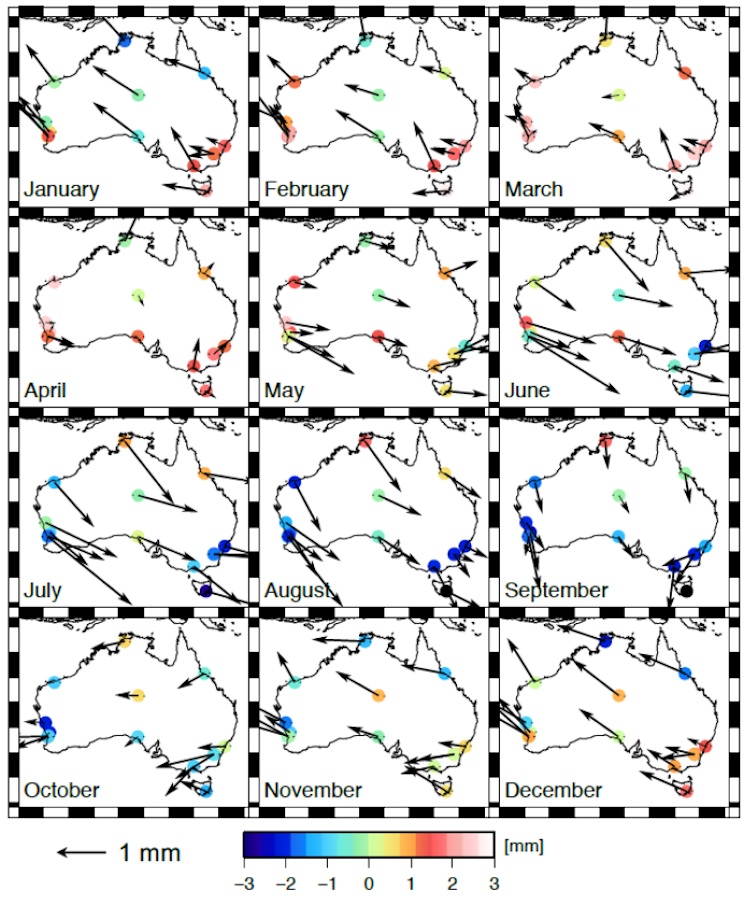 Fourteen GPS stations across Australia show the direction of the continent’s shift from month to month.