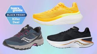 a selection of Saucony running shoes next to a Tom's Guide Black Friday Killer Deal label