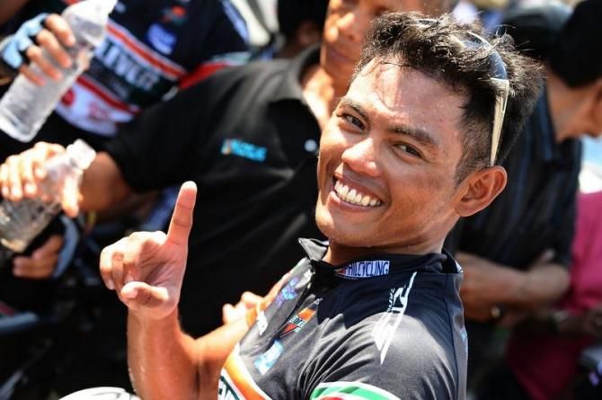 Ronnel Hualda (Team 7 Eleven Presented by Roadbike Philippines) following his stage victory at Tour de Singkarak